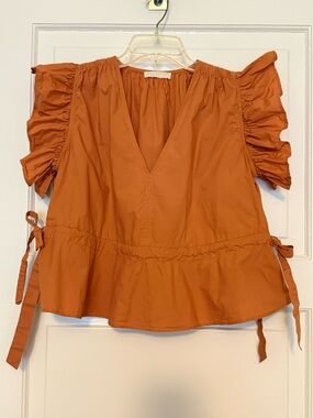 Ulla Johnson Rust V-Neck Ruffle Sleeve Peplum Top